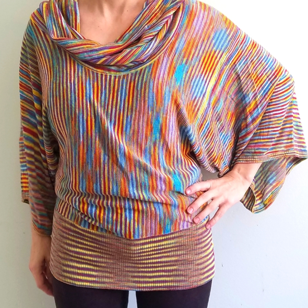 Vertigo Cowl Neck Sweater Butterfly Sleeves Fitted Waist Rainbow Multico…